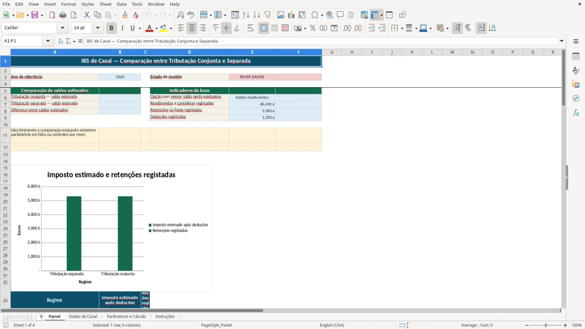 Pré-visualização da folha Painel do ficheiro IRS de casal: conjunta ou separada em Excel — Modelo Grátis