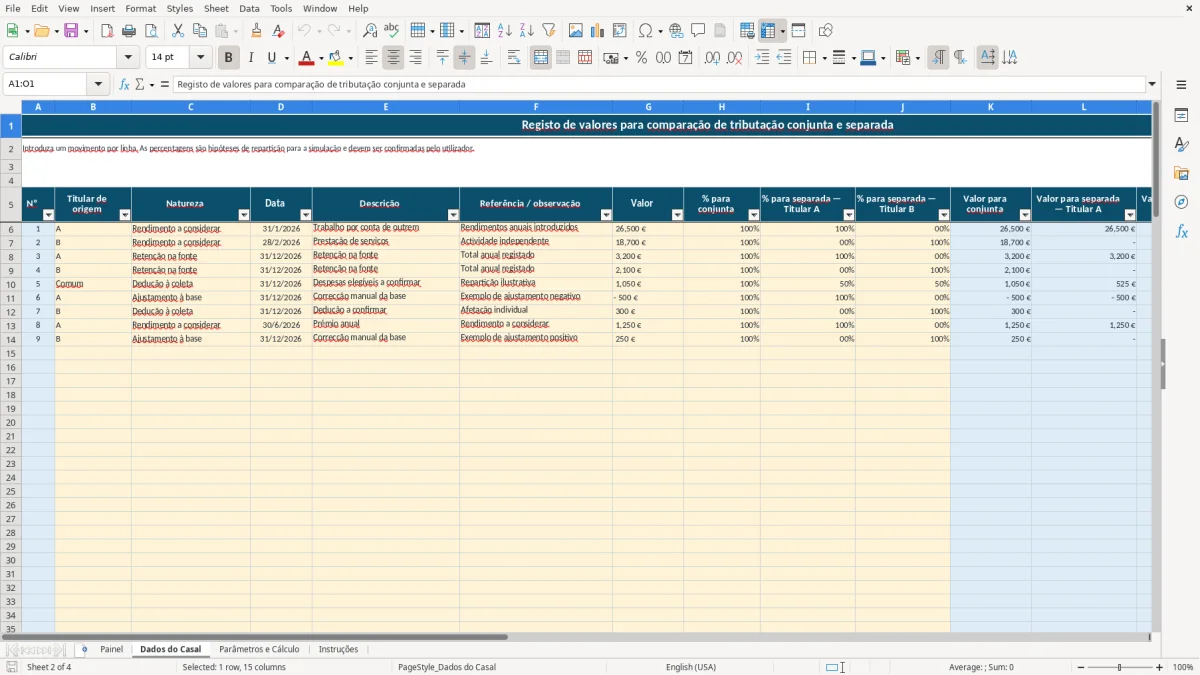 Pré-visualização da folha Dados do Casal do ficheiro IRS de casal: conjunta ou separada em Excel — Modelo Grátis