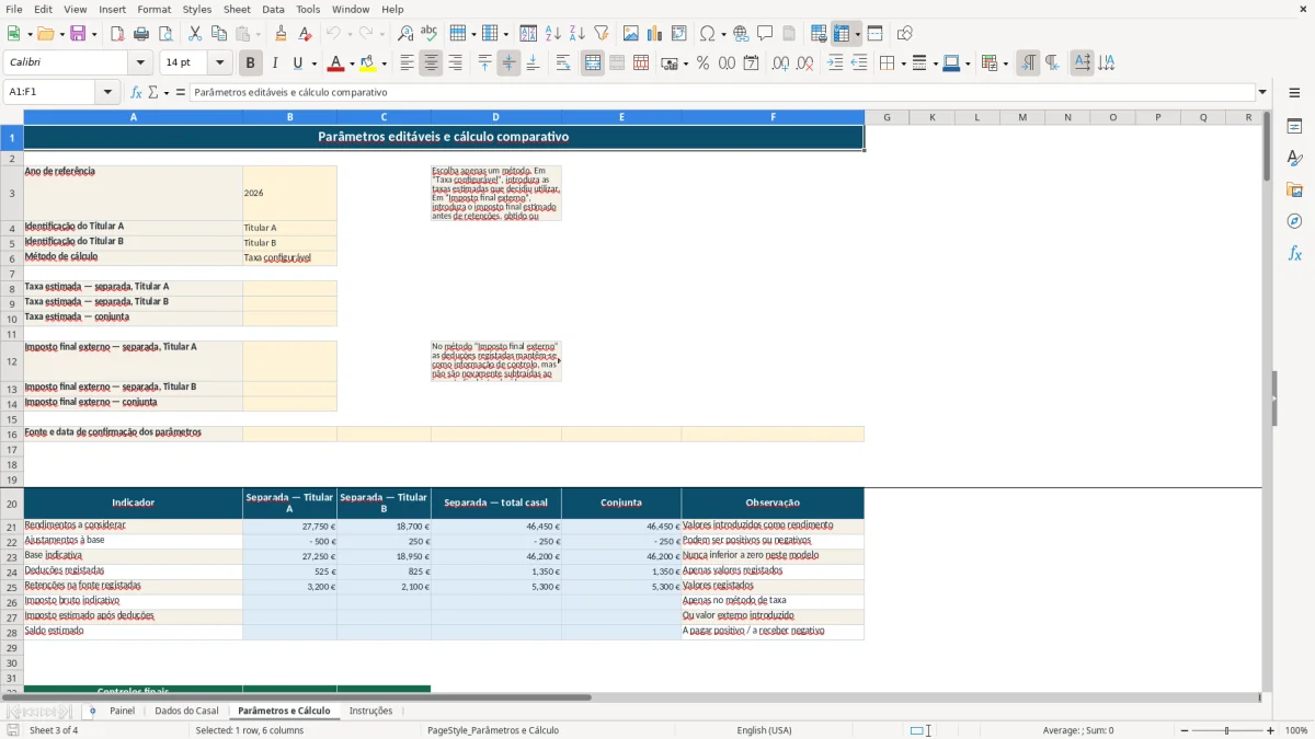 Pré-visualização da folha Parâmetros e Cálculo do ficheiro IRS de casal: conjunta ou separada em Excel — Modelo Grátis