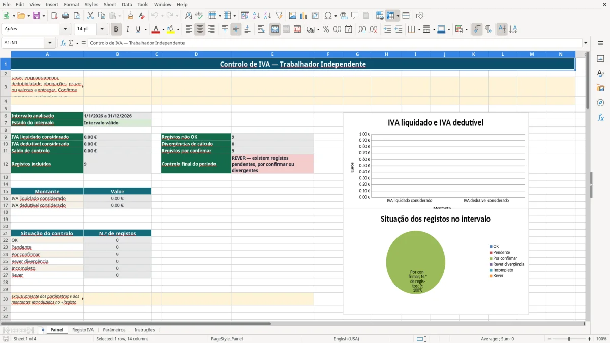 Pré-visualização da folha Painel do ficheiro IVA de trabalhador independente em Excel: Modelo Grátis