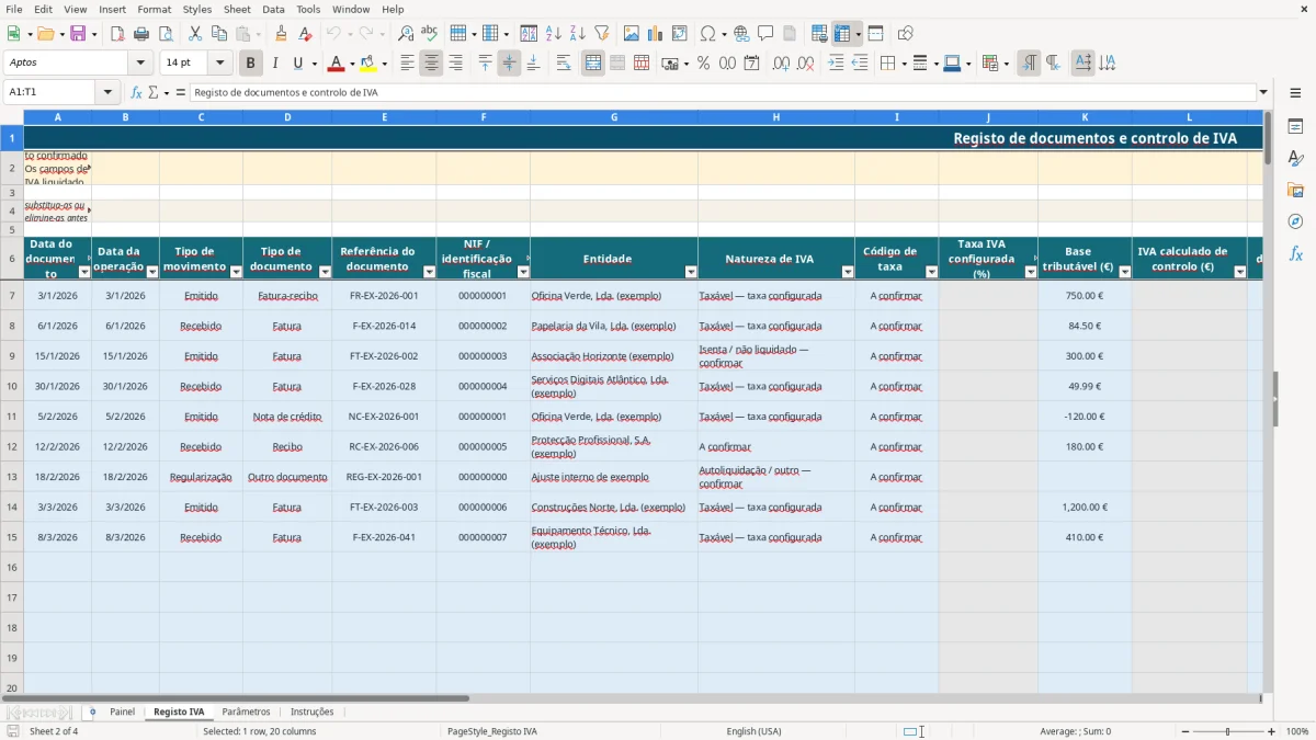 Pré-visualização da folha Registo IVA do ficheiro IVA de trabalhador independente em Excel: Modelo Grátis