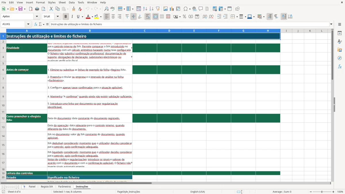 Pré-visualização da folha Instruções do ficheiro IVA de trabalhador independente em Excel: Modelo Grátis