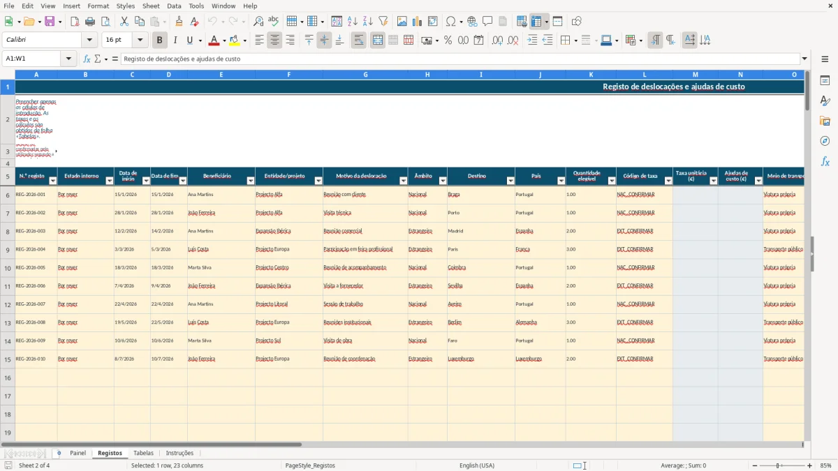 Pré-visualização da folha Registos do ficheiro Ajudas de custo nacionais e ao estrangeiro em Excel: Modelo Grátis