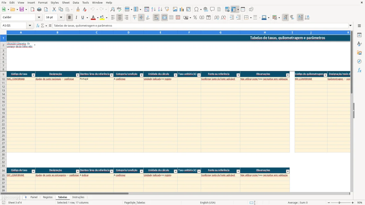 Pré-visualização da folha Tabelas do ficheiro Ajudas de custo nacionais e ao estrangeiro em Excel: Modelo Grátis