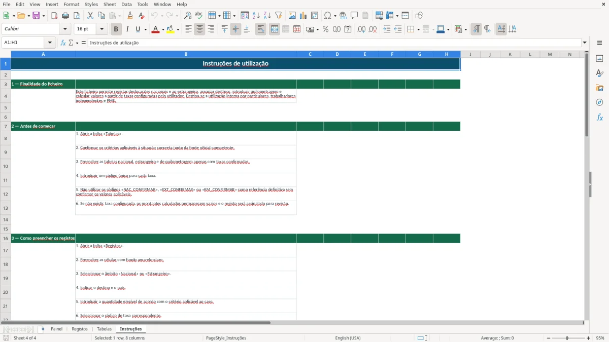 Pré-visualização da folha Instruções do ficheiro Ajudas de custo nacionais e ao estrangeiro em Excel: Modelo Grátis