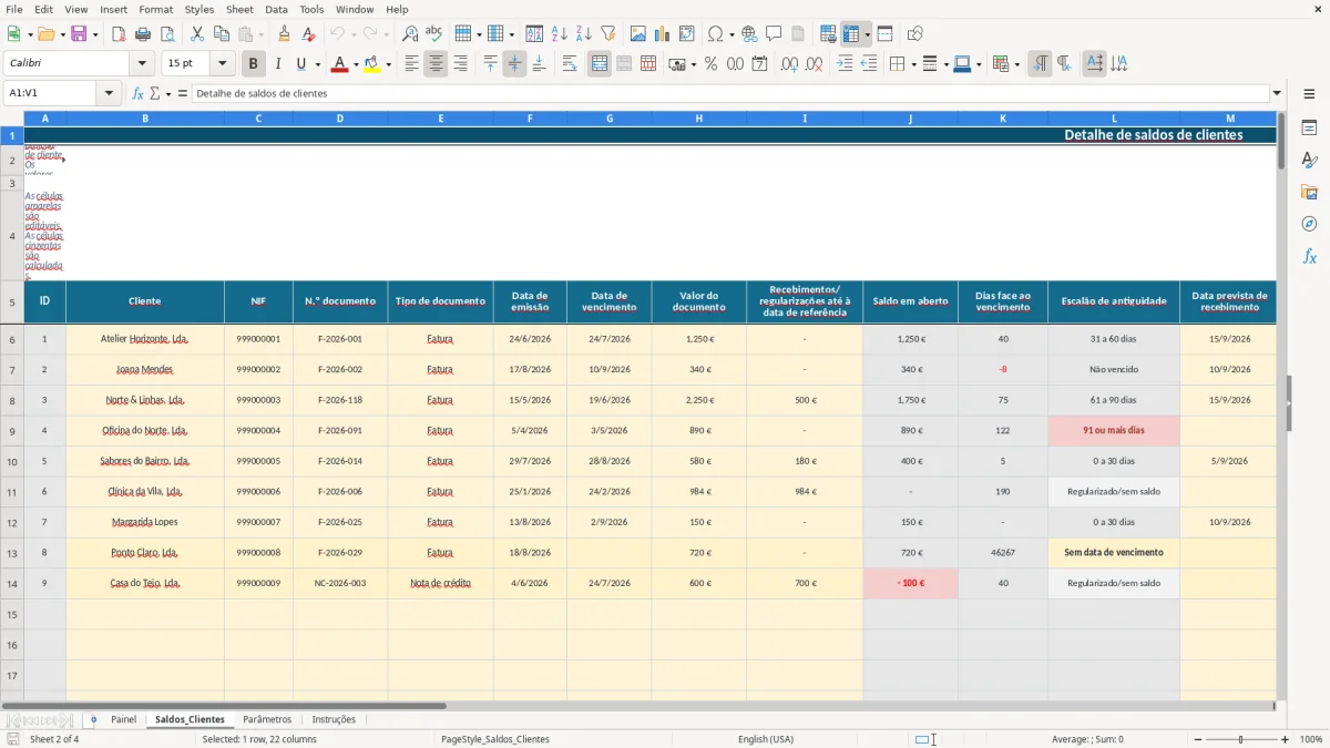 Pré-visualização da folha Saldos_Clientes do ficheiro Antiguidade de saldos de clientes em Excel: Modelo Grátis