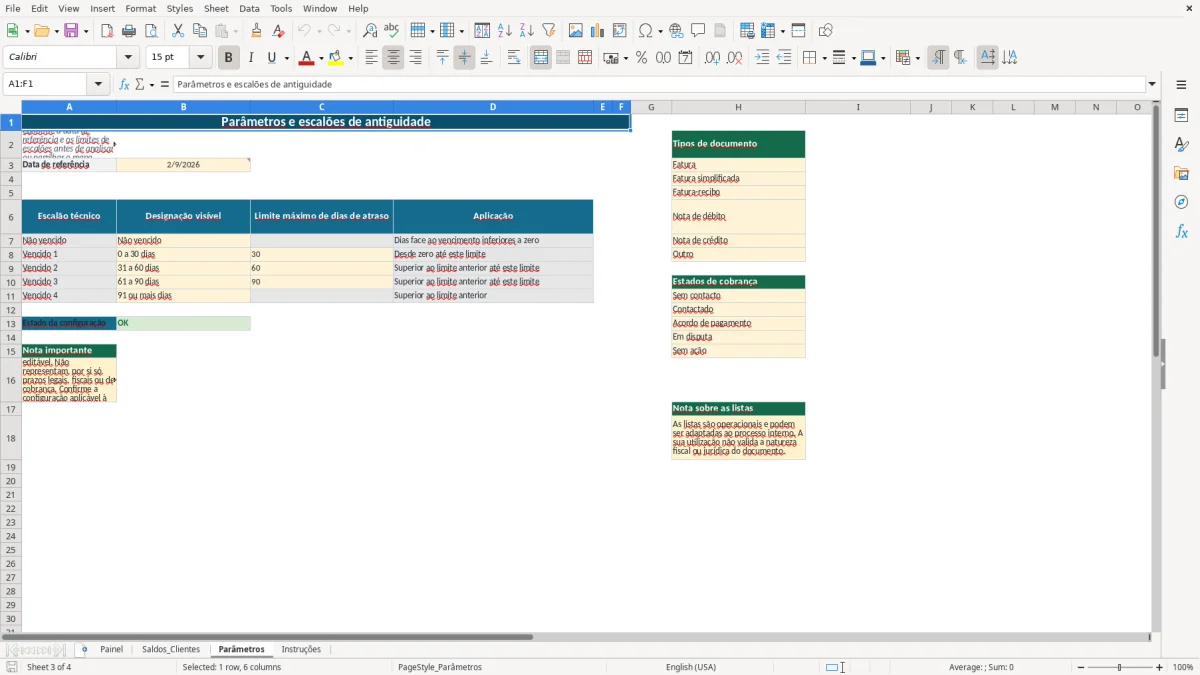Pré-visualização da folha Parâmetros do ficheiro Antiguidade de saldos de clientes em Excel: Modelo Grátis