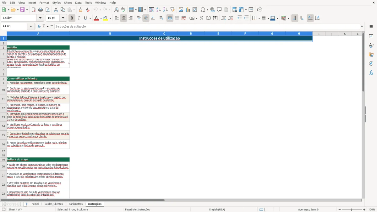 Pré-visualização da folha Instruções do ficheiro Antiguidade de saldos de clientes em Excel: Modelo Grátis