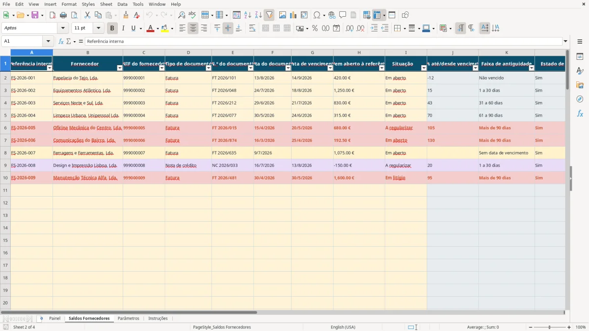 Pré-visualização da folha Saldos Fornecedores do ficheiro Antiguidade de saldos de fornecedores em Excel: Modelo Grátis