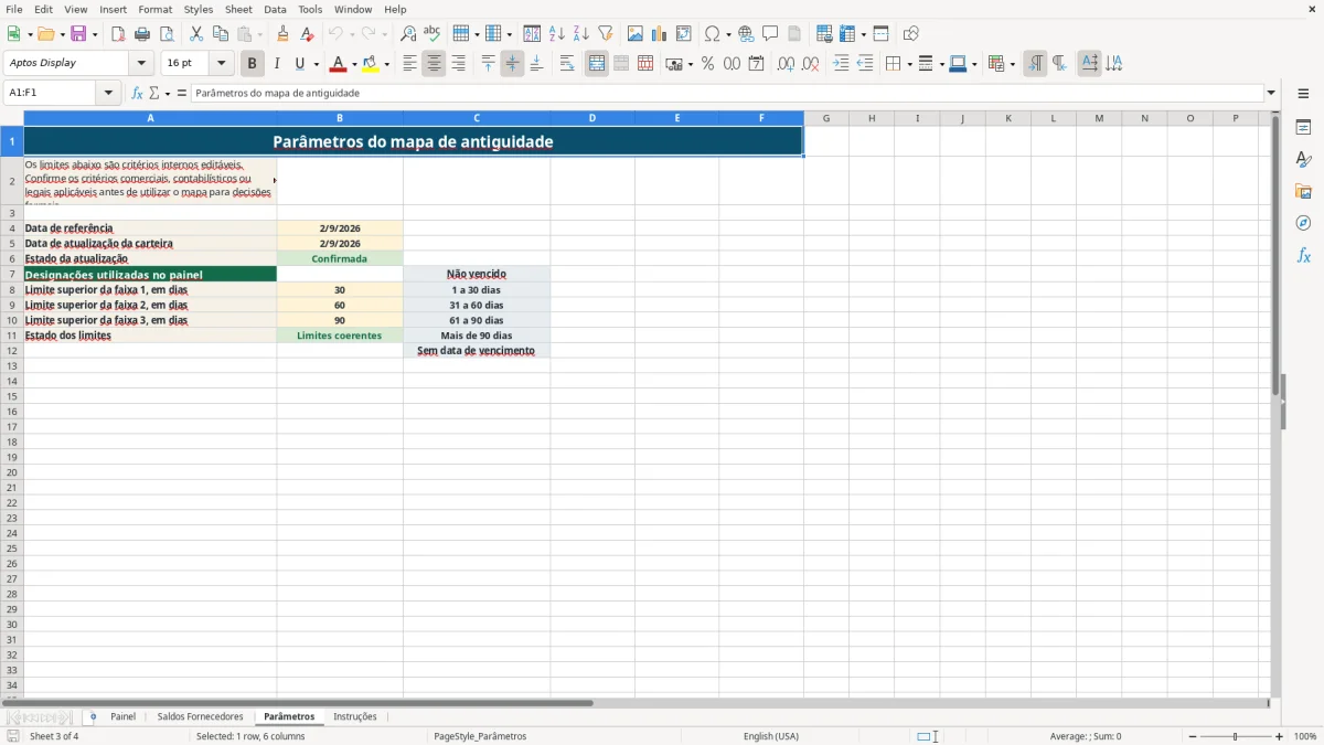 Pré-visualização da folha Parâmetros do ficheiro Antiguidade de saldos de fornecedores em Excel: Modelo Grátis