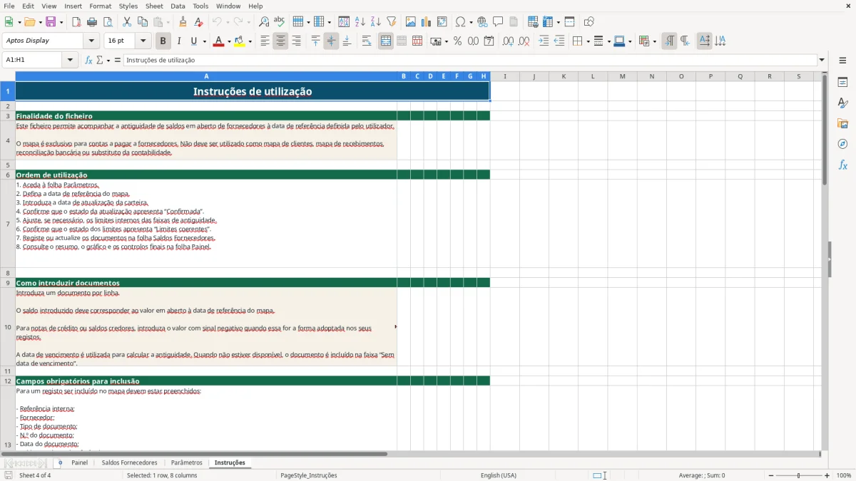 Pré-visualização da folha Instruções do ficheiro Antiguidade de saldos de fornecedores em Excel: Modelo Grátis