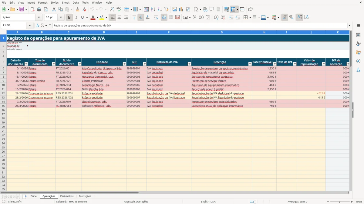 Pré-visualização da folha Operações do ficheiro Apuramento de IVA mensal ou trimestral em Excel: Modelo Grátis