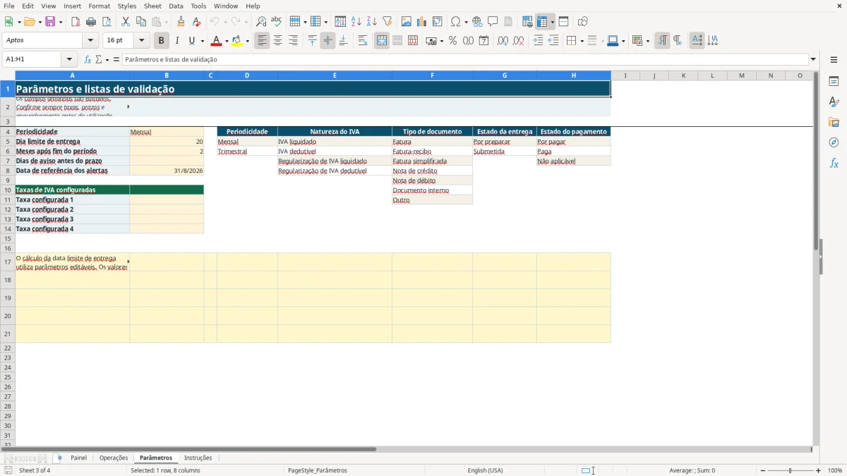 Pré-visualização da folha Parâmetros do ficheiro Apuramento de IVA mensal ou trimestral em Excel: Modelo Grátis