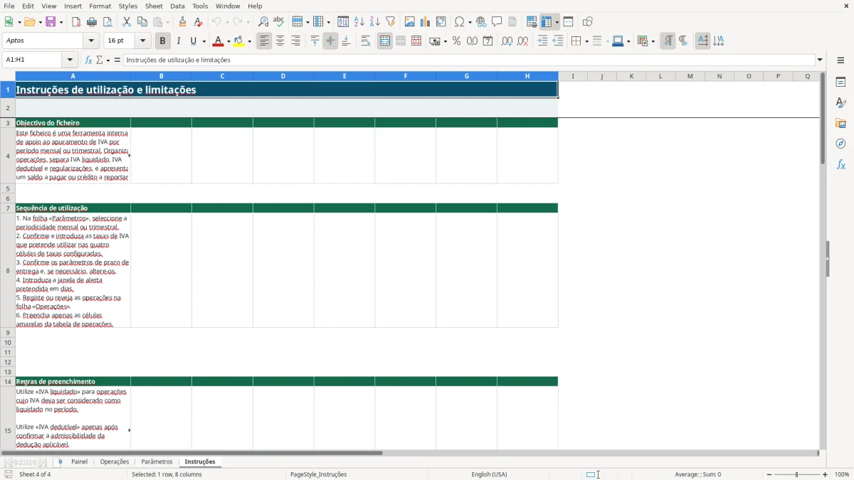 Pré-visualização da folha Instruções do ficheiro Apuramento de IVA mensal ou trimestral em Excel: Modelo Grátis