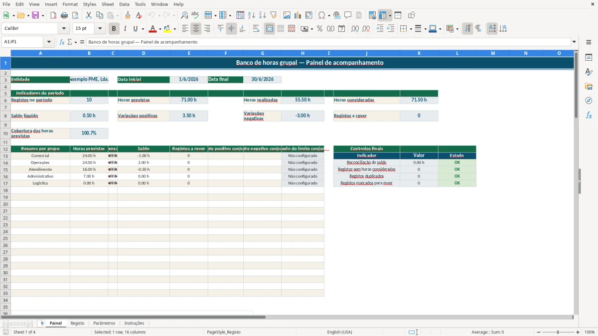 Pré-visualização da folha Painel do ficheiro Banco de Horas Grupal em Excel: Modelo Grátis