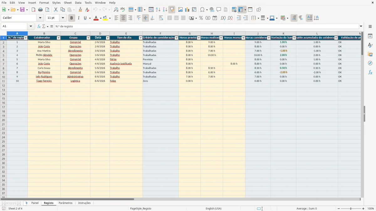 Pré-visualização da folha Registo do ficheiro Banco de Horas Grupal em Excel: Modelo Grátis