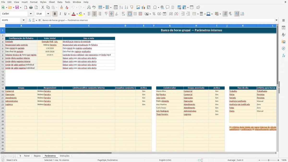 Pré-visualização da folha Parâmetros do ficheiro Banco de Horas Grupal em Excel: Modelo Grátis