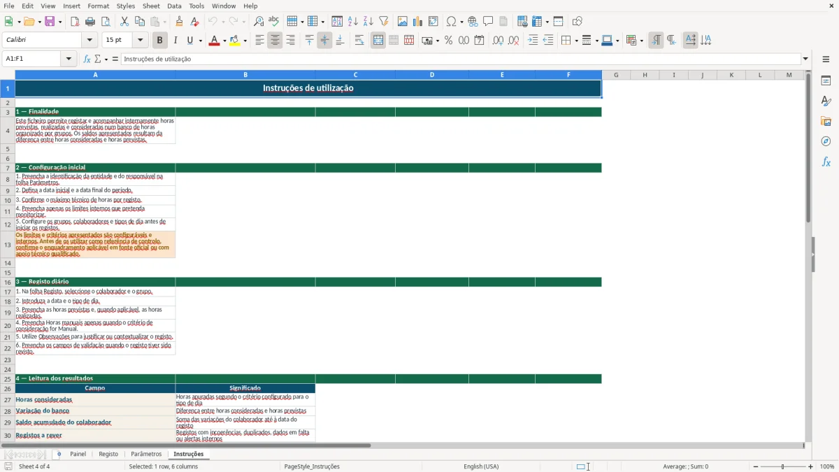 Pré-visualização da folha Instruções do ficheiro Banco de Horas Grupal em Excel: Modelo Grátis