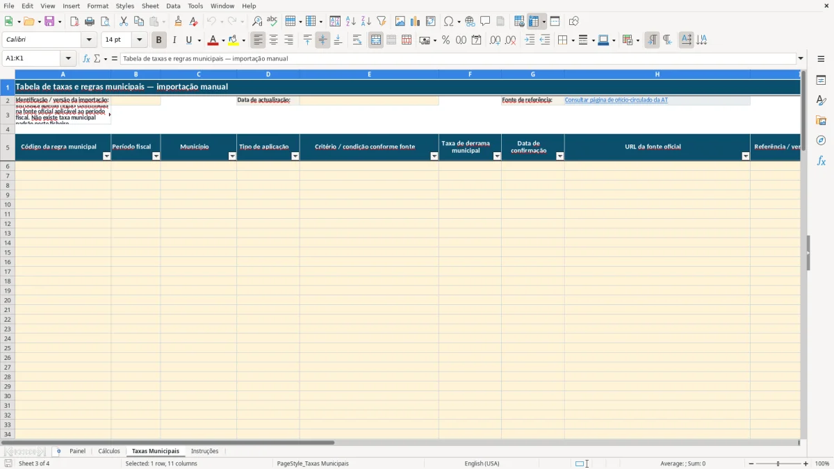 Pré-visualização da folha Taxas Municipais do ficheiro Cálculo de derrama municipal em Excel: Modelo Grátis