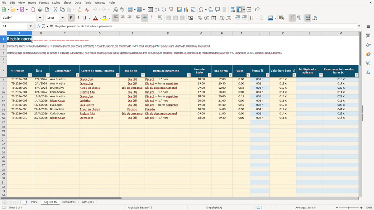 Pré-visualização da folha Registo TS do ficheiro Cálculo de trabalho suplementar em Excel: Modelo Grátis