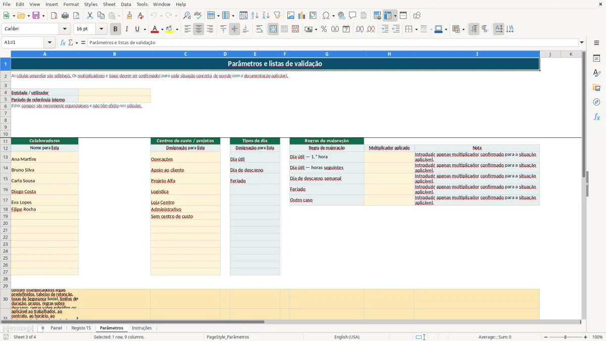 Pré-visualização da folha Parâmetros do ficheiro Cálculo de trabalho suplementar em Excel: Modelo Grátis