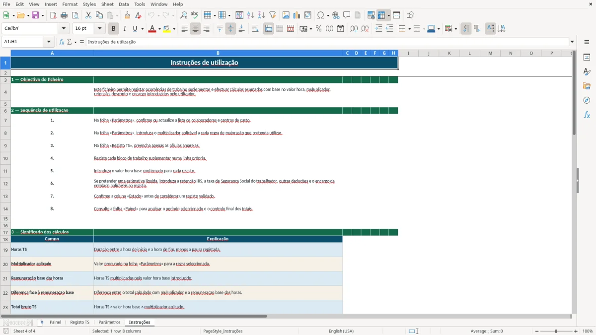 Pré-visualização da folha Instruções do ficheiro Cálculo de trabalho suplementar em Excel: Modelo Grátis
