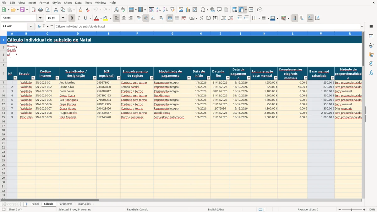 Pré-visualização da folha Cálculo do ficheiro Cálculo do subsídio de Natal em Excel: Modelo Grátis