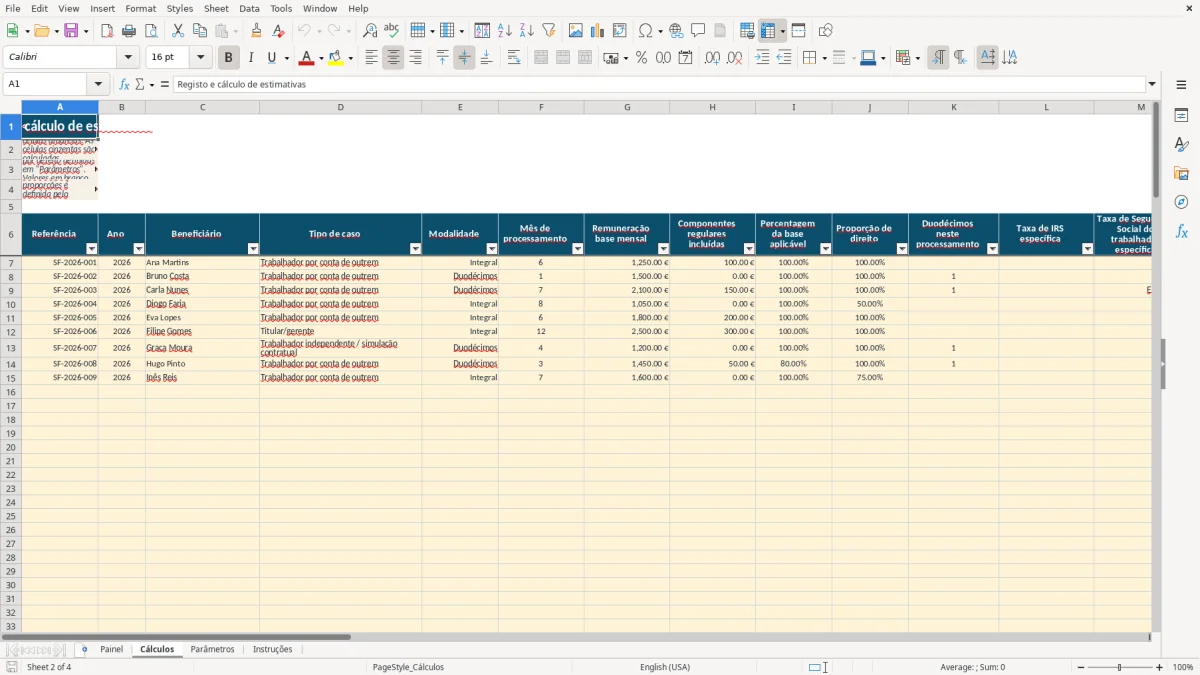 Pré-visualização da folha Cálculos do ficheiro Cálculo do subsídio de férias em Excel: Modelo Grátis