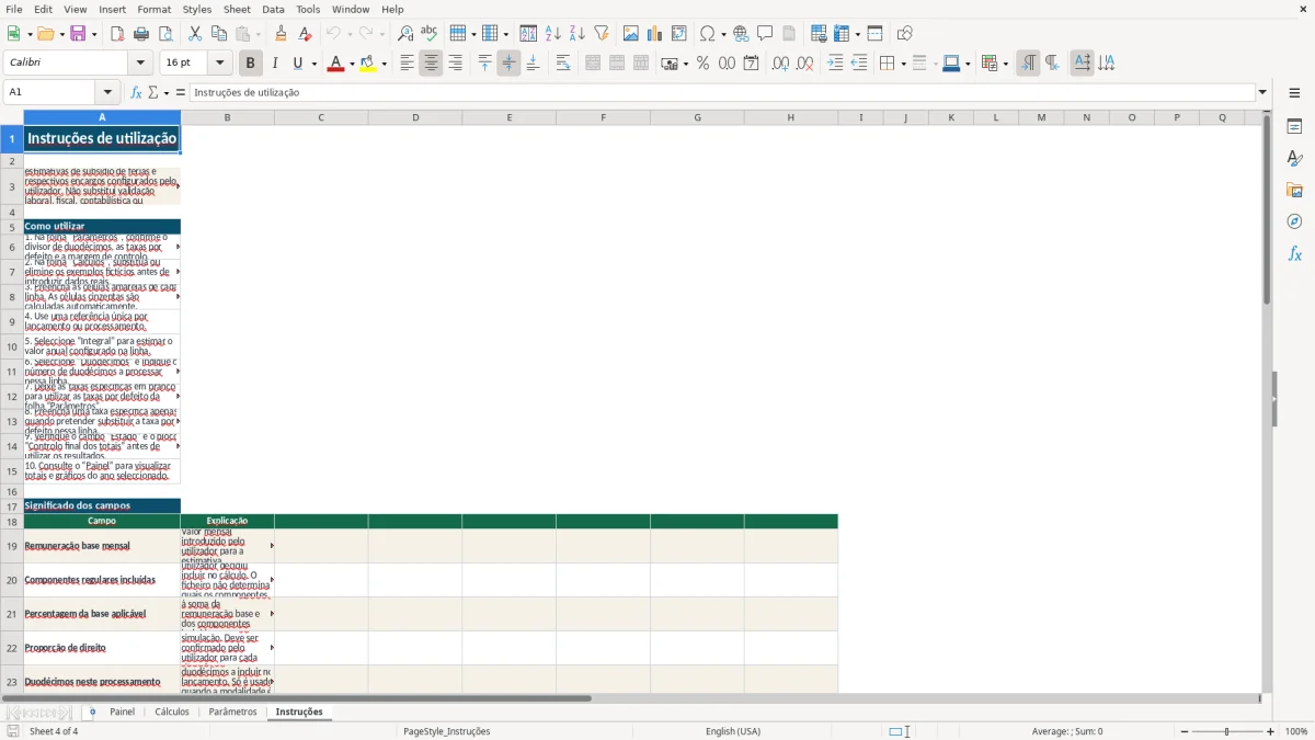 Pré-visualização da folha Instruções do ficheiro Cálculo do subsídio de férias em Excel: Modelo Grátis