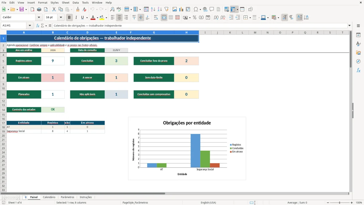 Pré-visualização da folha Painel do ficheiro Calendário do Independente em Excel: Modelo Grátis