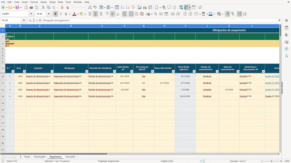 Pré-visualização da folha Pagamentos do ficheiro Calendário fiscal da AT em Excel: Modelo Grátis