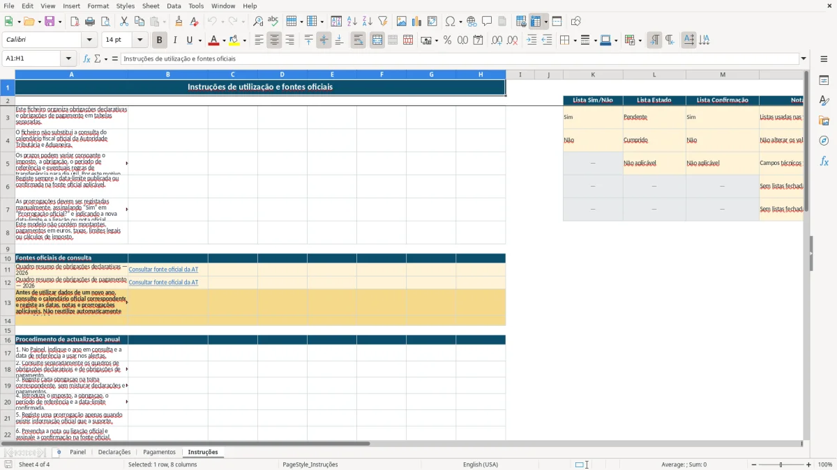 Pré-visualização da folha Instruções do ficheiro Calendário fiscal da AT em Excel: Modelo Grátis