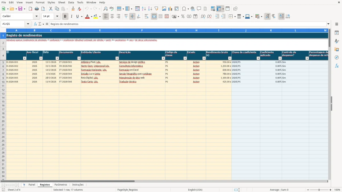 Pré-visualização da folha Registos do ficheiro Coeficientes do regime simplificado IRS em Excel: Modelo Grátis