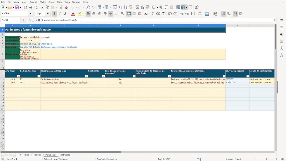 Pré-visualização da folha Parâmetros do ficheiro Coeficientes do regime simplificado IRS em Excel: Modelo Grátis