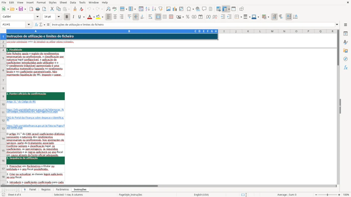 Pré-visualização da folha Instruções do ficheiro Coeficientes do regime simplificado IRS em Excel: Modelo Grátis