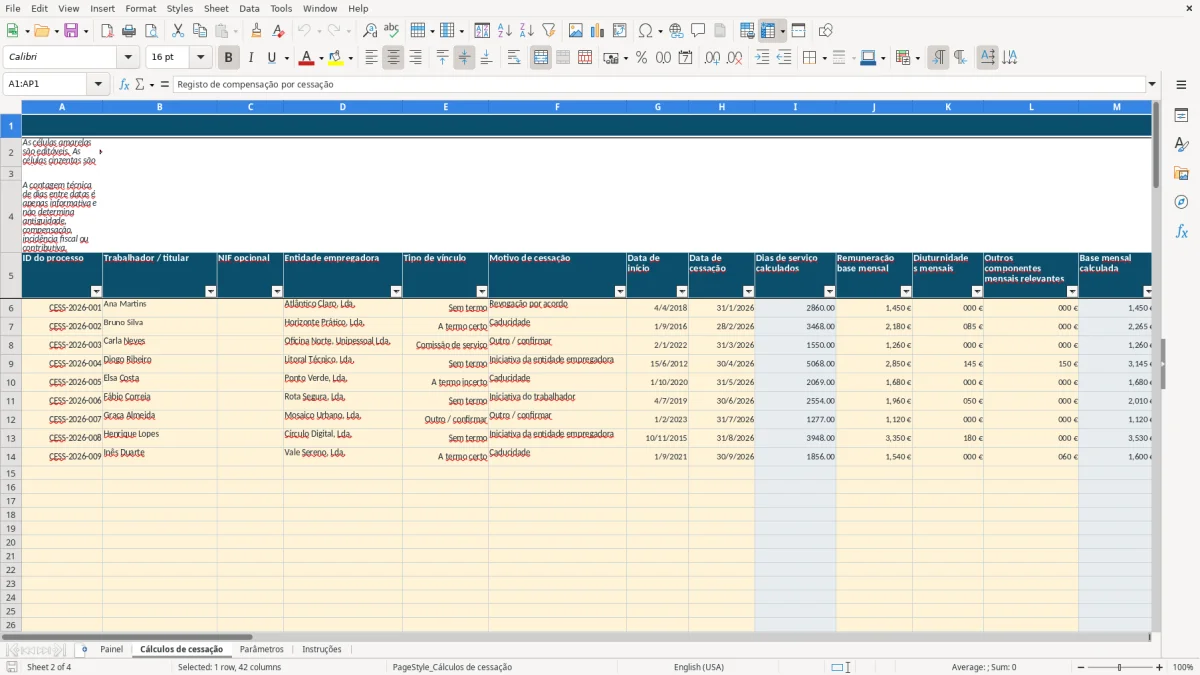 Pré-visualização da folha Cálculos de cessação do ficheiro Compensação por cessação de contrato: Modelo Excel Grátis