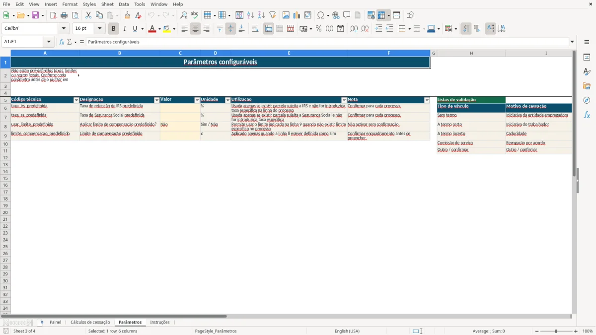 Pré-visualização da folha Parâmetros do ficheiro Compensação por cessação de contrato: Modelo Excel Grátis