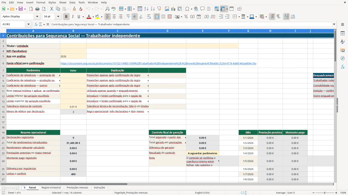 Pré-visualização da folha Painel do ficheiro Contribuições Segurança Social independente: Modelo Excel Grátis
