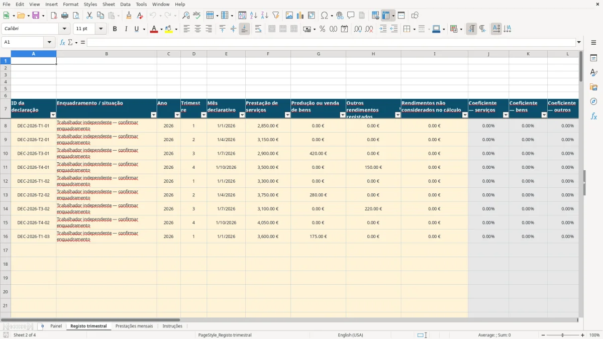 Pré-visualização da folha Registo trimestral do ficheiro Contribuições Segurança Social independente: Modelo Excel Grátis