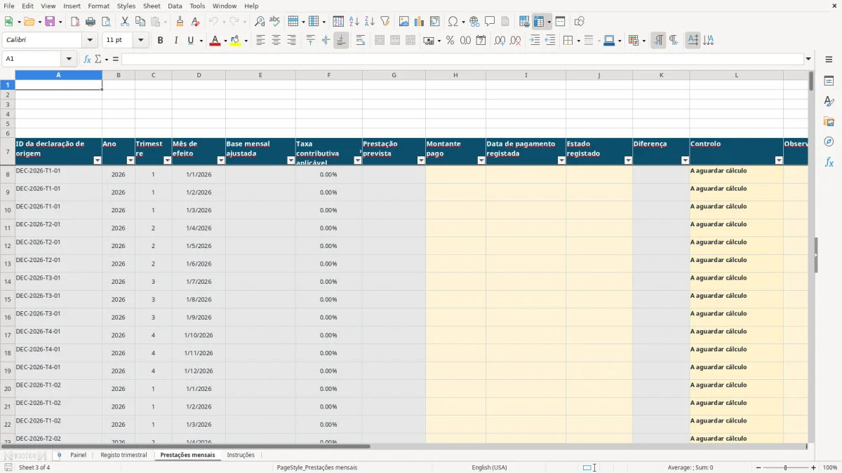 Pré-visualização da folha Prestações mensais do ficheiro Contribuições Segurança Social independente: Modelo Excel Grátis