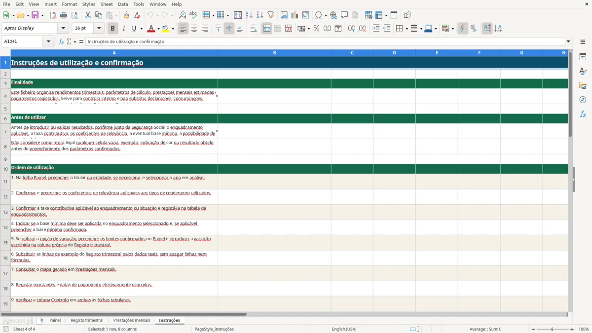 Pré-visualização da folha Instruções do ficheiro Contribuições Segurança Social independente: Modelo Excel Grátis