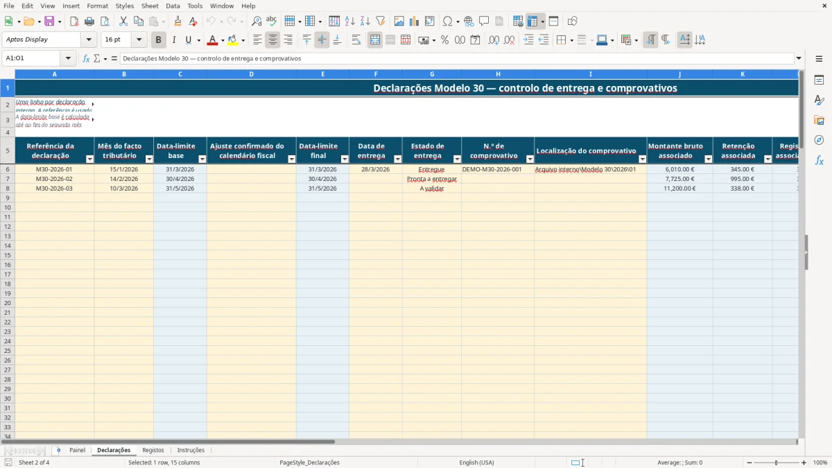 Pré-visualização da folha Declarações do ficheiro Controlo da Modelo 30 em Excel: Modelo Grátis