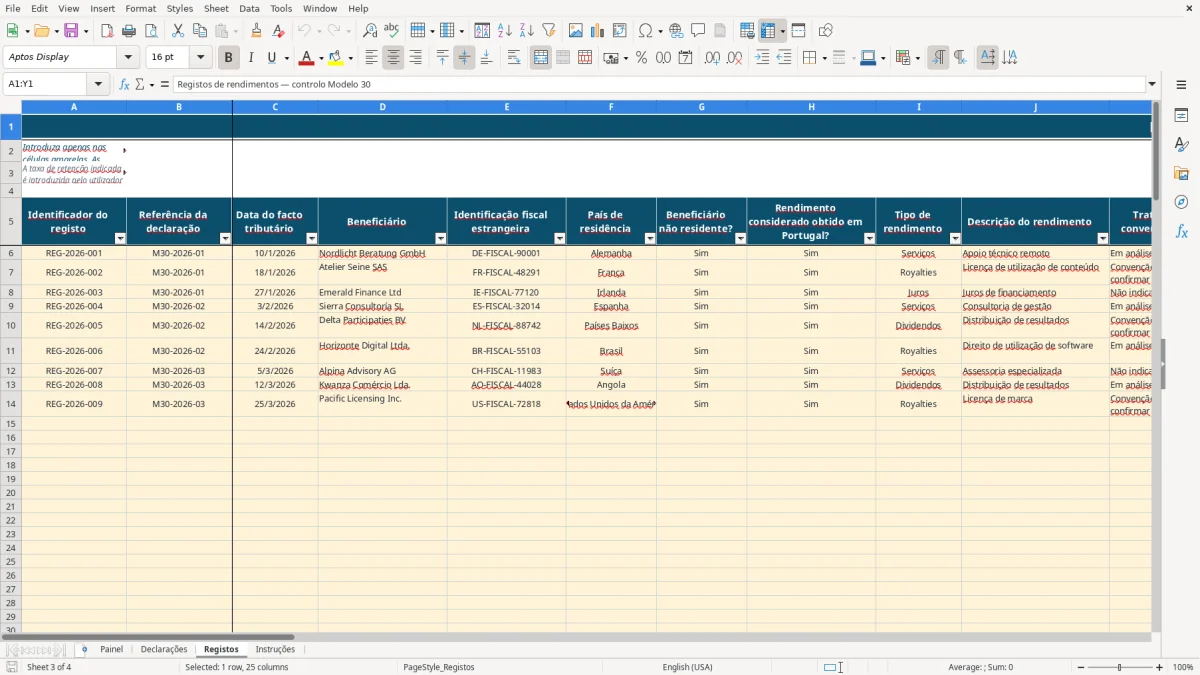 Pré-visualização da folha Registos do ficheiro Controlo da Modelo 30 em Excel: Modelo Grátis