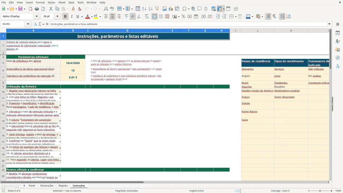 Pré-visualização da folha Instruções do ficheiro Controlo da Modelo 30 em Excel: Modelo Grátis