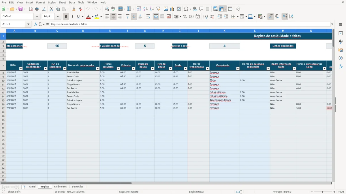 Pré-visualização da folha Registo do ficheiro Controlo de Assiduidade e Faltas em Excel: Modelo Grátis