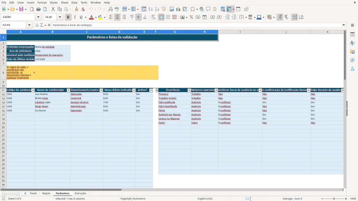 Pré-visualização da folha Parâmetros do ficheiro Controlo de Assiduidade e Faltas em Excel: Modelo Grátis