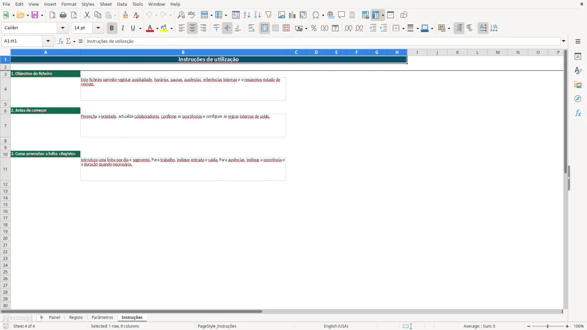Pré-visualização da folha Instruções do ficheiro Controlo de Assiduidade e Faltas em Excel: Modelo Grátis