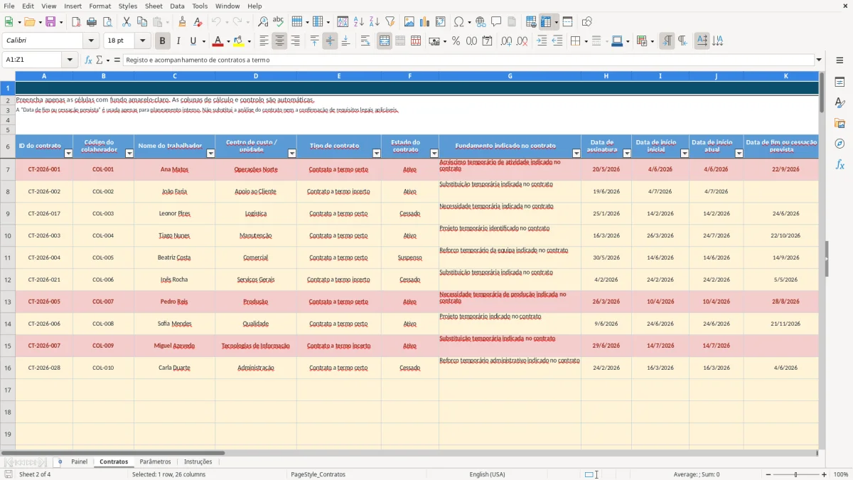 Pré-visualização da folha Contratos do ficheiro Controlo de contratos a termo em Excel: Modelo Grátis