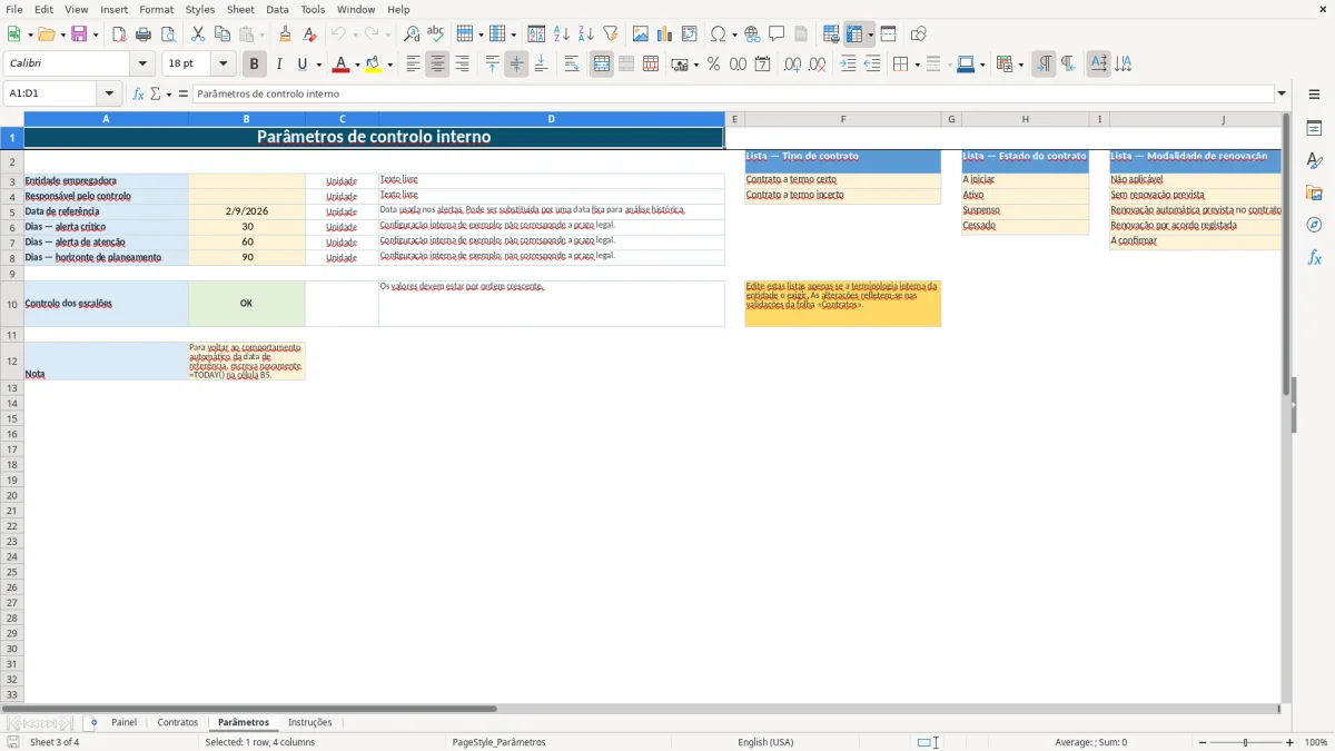 Pré-visualização da folha Parâmetros do ficheiro Controlo de contratos a termo em Excel: Modelo Grátis