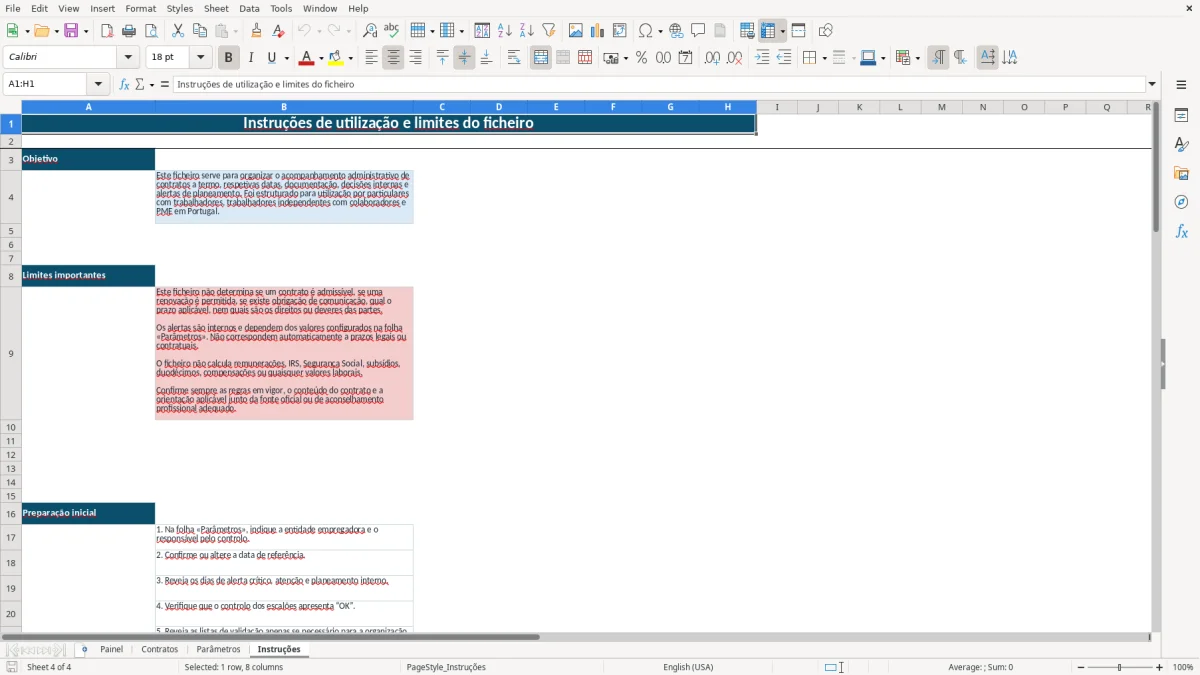 Pré-visualização da folha Instruções do ficheiro Controlo de contratos a termo em Excel: Modelo Grátis